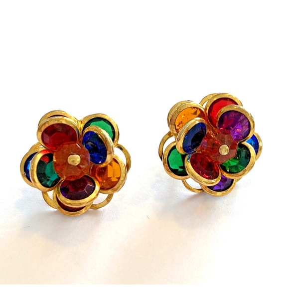 Vintage Jewelry - Jewel Tones Pierced Earrings Vintage 1980’s Multicolor On Goldtone Bead Clusters